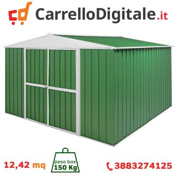 Box in Acciaio Zincato Casetta da Giardino in Lamiera 3.60 x 3.45 m x h2.12 m - 150 KG – 12,42 metri quadri - VERDE