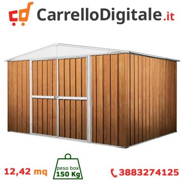 Box in Acciaio Zincato Casetta da Giardino in Lamiera 3.60 x 3.45 m x h2.12 m - 150 KG – 12,42 metri quadri - LEGNO