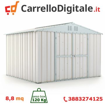 Box in Acciaio Zincato Casetta da Giardino in Lamiera 3.27 x 2.69 m x h2.15 m - 120 KG – 8.80 metri quadri - BIANCO