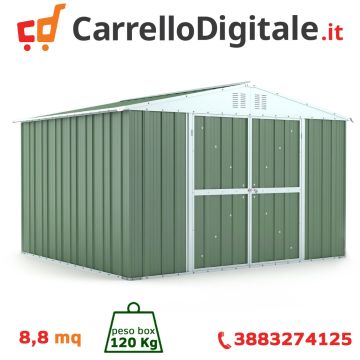 Box in Acciaio Zincato Casetta da Giardino in Lamiera 3.27 x 2.69 m x h2.15 m - 120 KG – 8.80 metri quadri - VERDE