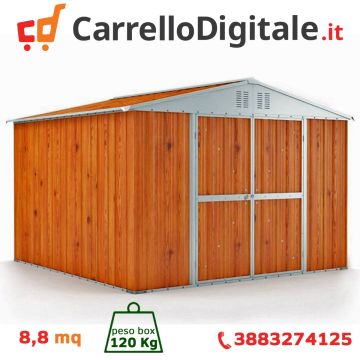 Box in Acciaio Zincato Casetta da Giardino in Lamiera 3.27 x 2.69 m x h2.15 m - 120 KG – 8.80 metri quadri - LEGNO