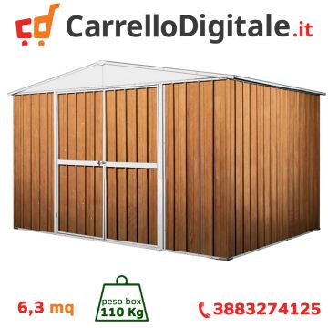 Box in Acciaio Zincato Casetta da Giardino in Lamiera 3.60 x 1.75 m x h2.12 m - 110 KG – 6.30 metri quadri - LEGNO