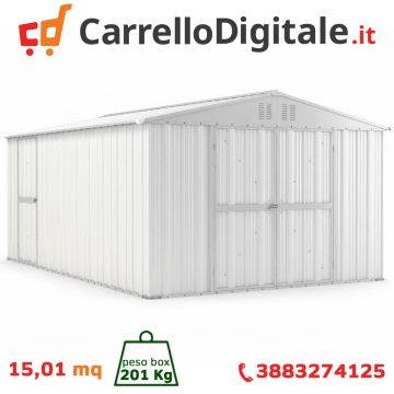 Box in Acciaio Zincato Casetta da Giardino in Lamiera 3.27 x 4.59 m x h2.15 m - 201 KG – 15,01 metri quadri – BIANCO