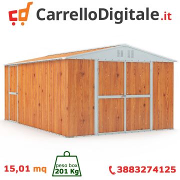 Box in Acciaio Zincato Casetta da Giardino in Lamiera 3.27 x 4.59 m x h2.15 m - 201 KG – 15,01 metri quadri – LEGNO