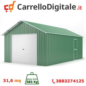 Box in Acciaio Zincato Casetta da Giardino in Lamiera Box Auto 4.38 x 7.21 m x h3.24 m - 585 KG – 31,6 metri quadri - VERDE