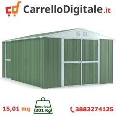 Box in Acciaio Zincato Casetta da Giardino in Lamiera 3.27 x 4.59 m x h2.17 m - 201 KG – 15,01 metri quadri – VERDE 