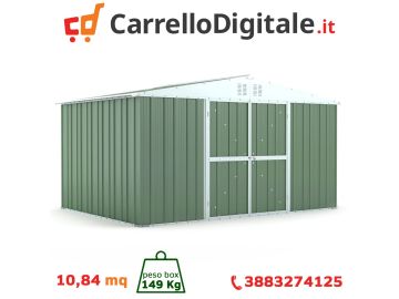 Box in Acciaio Zincato Casetta da Giardino Esterna 4.03 x 2.69 m x h2.17 m - 149 KG – 10.84 metri quadri - VERDE