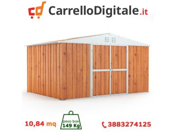 Box in Acciaio Zincato Casetta da Giardino Esterna 4.03 x 2.69 m x h2.17 m - 149 KG – 10.84 metri quadri - LEGNO 