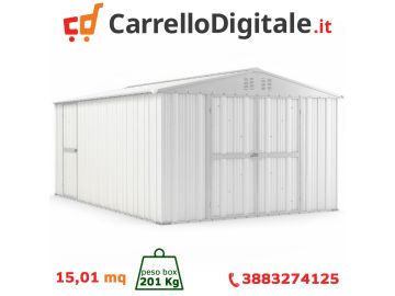 Box in Acciaio Zincato Casetta da Giardino in Lamiera 3.27 x 4.59 m x h2.17 m - 201 KG – 15,01 metri quadri – BIANCO