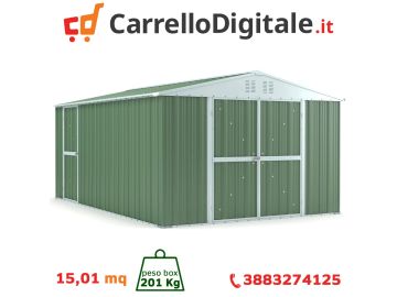 Box in Acciaio Zincato Casetta da Giardino in Lamiera 3.27 x 4.59 m x h2.17 m - 201 KG – 15,01 metri quadri – VERDE 