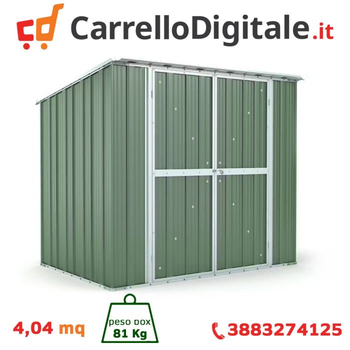 Box in Acciaio Zincato Casetta da Giardino in Lamiera 2.31 x 1.75 m x h2.02 m - 81 KG – 4.04 metri quadri - VERDE