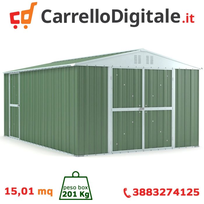 Box in Acciaio Zincato Casetta da Giardino in Lamiera 3.27 x 4.59 m x h2.17 m - 201 KG – 15,01 metri quadri – VERDE 