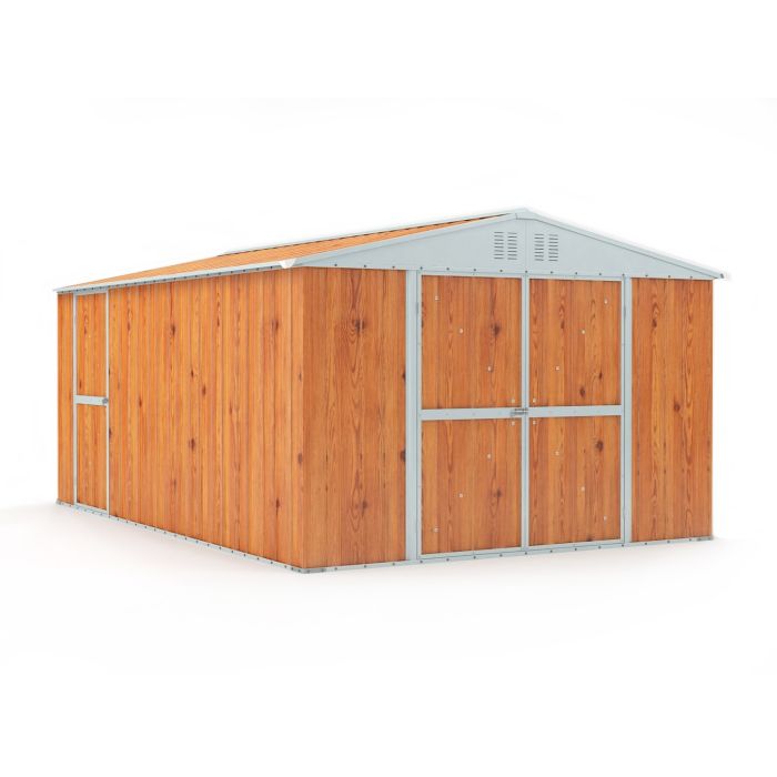 Box in Acciaio Zincato Casetta da Giardino in Lamiera 3.27 x 4.59 m x h2.17 m - 201 KG – 15,01 metri quadri – LEGNO