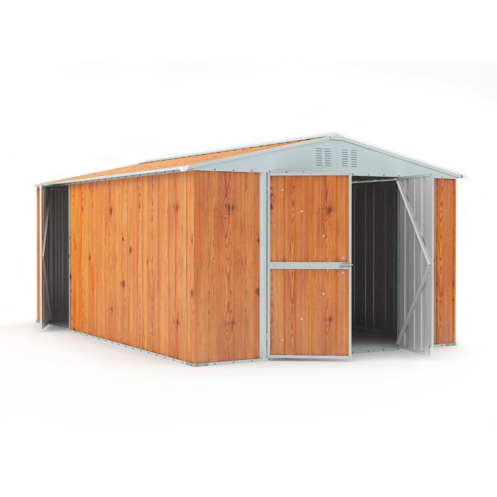 Box in Acciaio Zincato Casetta da Giardino in Lamiera 3.27 x 4.59 m x h2.17 m - 201 KG – 15,01 metri quadri – LEGNO