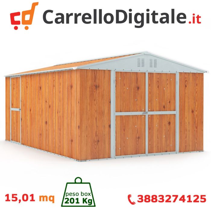 Box in Acciaio Zincato Casetta da Giardino in Lamiera 3.27 x 4.59 m x h2.17 m - 201 KG – 15,01 metri quadri – LEGNO