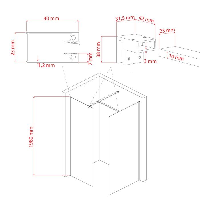 Box doccia modello Walk In formato da 2 pareti fisse - H 198 cm e vetro trasparente da 8mm