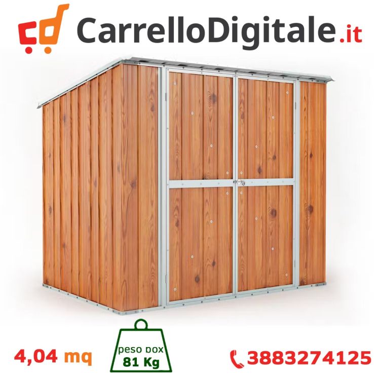 Box in Acciaio Zincato Casetta da Giardino in Lamiera 2.31 x 1.75 m x h2.02 m - 81 KG – 4.04 metri quadri - LEGNO