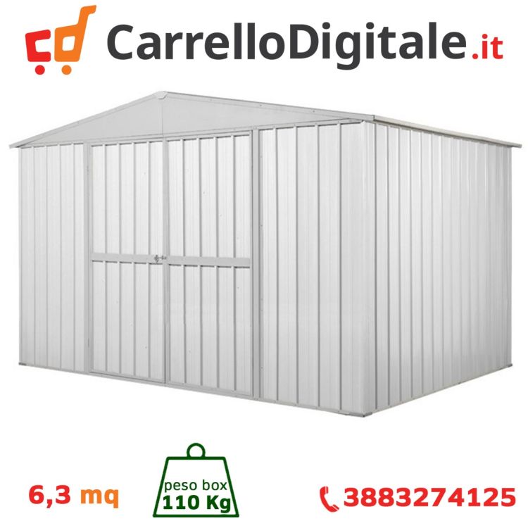 Box in Acciaio Zincato Casetta da Giardino 3.60 x 1.75 m x h2.15 m - 110 KG – 6.30 metri quadri - BIANCO