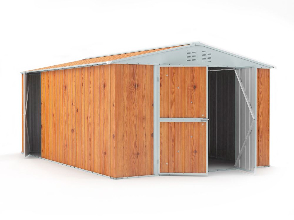 Box in Acciaio Zincato Casetta da Giardino in Lamiera 3.27 x 4.59 m x h2.17 m - 201 KG – 15,01 metri quadri – LEGNO