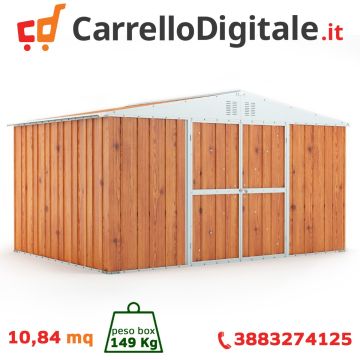 Box in Acciaio Zincato Casetta da Giardino Esterna 4.03 x 2.69 m x h2.17 m - 149 KG – 10.84 metri quadri - LEGNO 