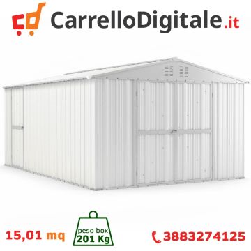 Box in Acciaio Zincato Casetta da Giardino in Lamiera 3.27 x 4.59 m x h2.17 m - 201 KG – 15,01 metri quadri – BIANCO