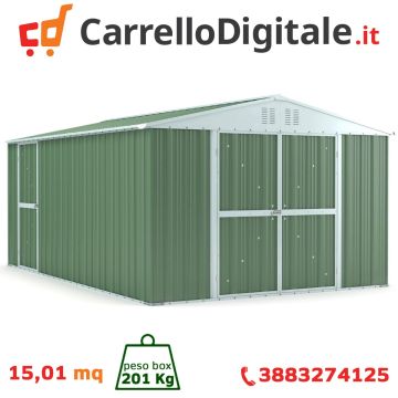 Box in Acciaio Zincato Casetta da Giardino in Lamiera 3.27 x 4.59 m x h2.17 m - 201 KG – 15,01 metri quadri – VERDE 